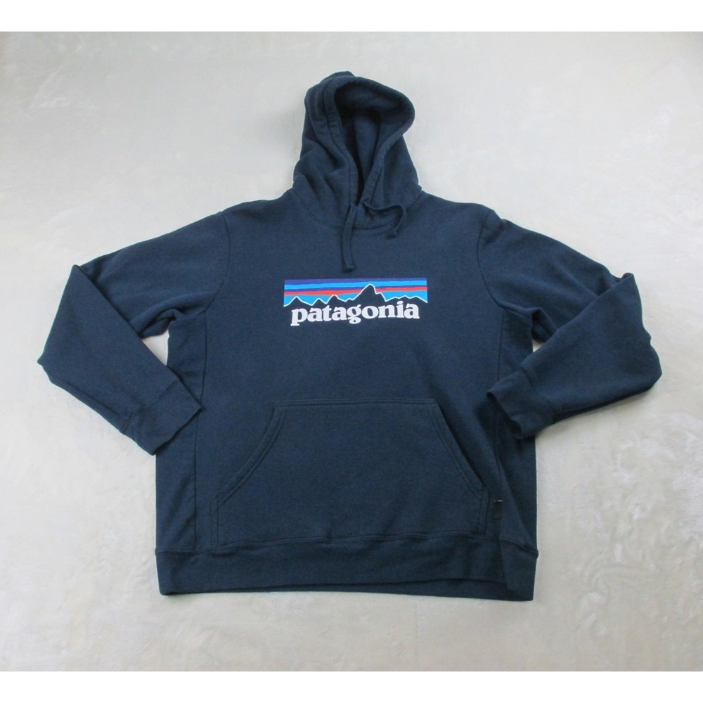 Patagonia Sweater Mens Large Blue Spell‎ Out UpRisal Mountains Logo Hooded*